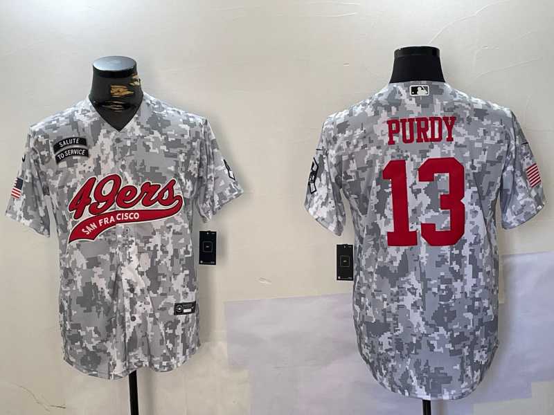 Mens San Francisco 49ers #13 Brock Purdy Arctic Camo 2024 Salute to Service Stitched Baseball Jersey